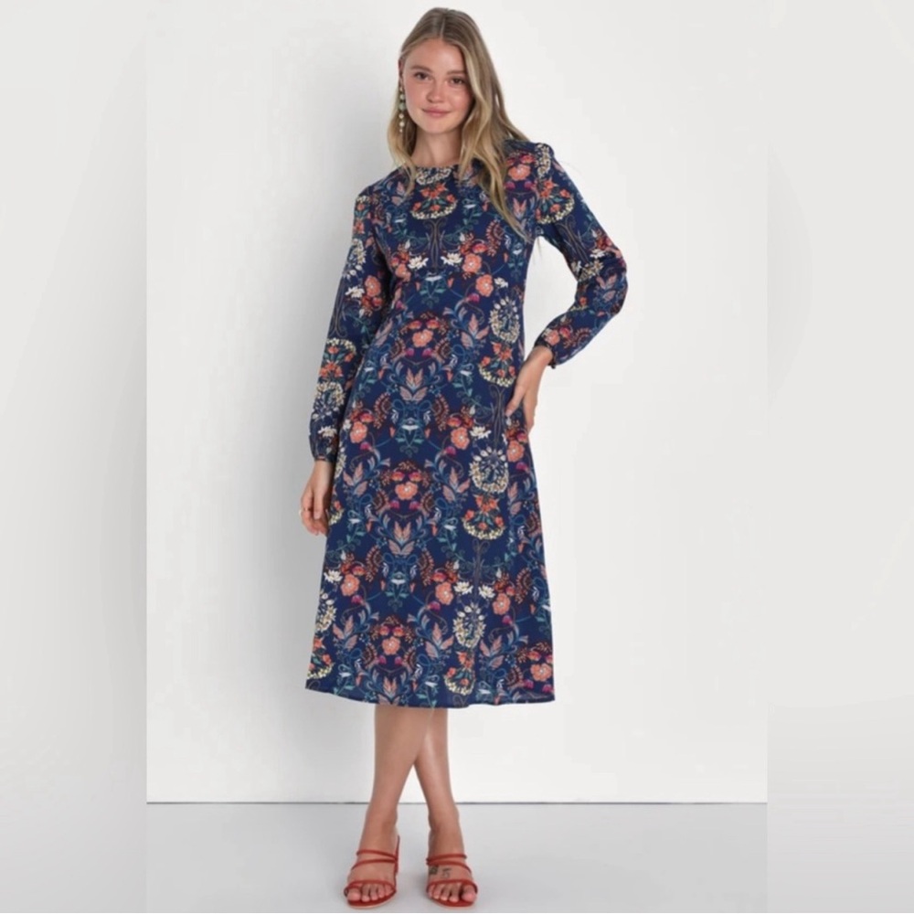 I. Madeline Garden Splendor Midi Dress Floral Navy Size M